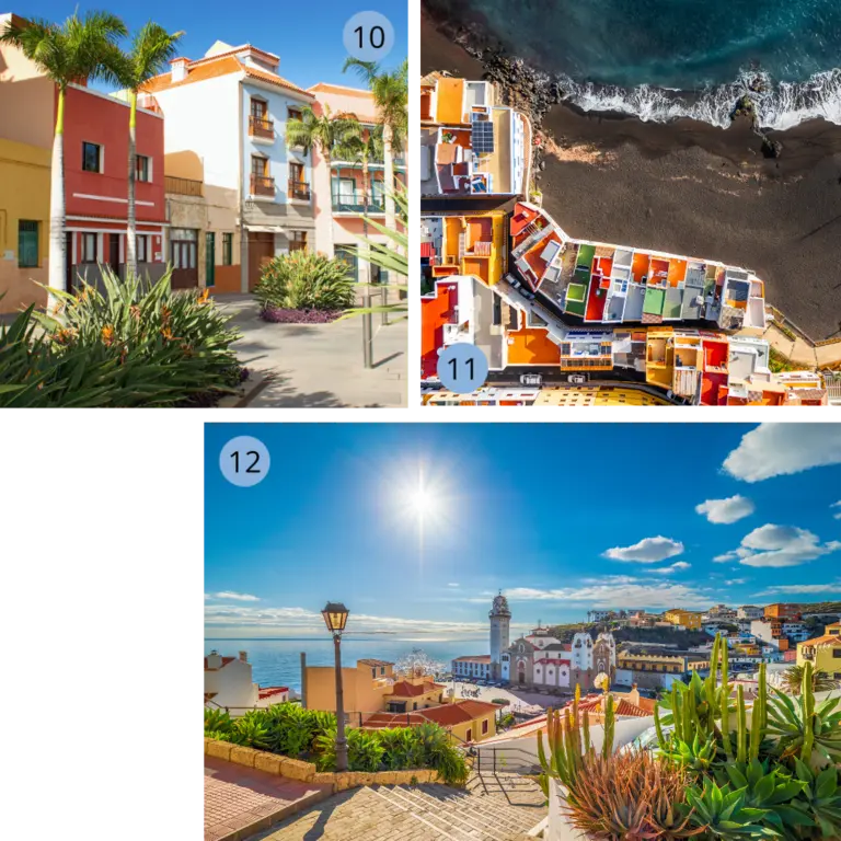 Eine dreiteilige Bildcollage zeigt die lebendige Vielfalt Teneriffas: Eine malerische Straßenszene mit farbenfrohen Häusern und Palmen, eine beeindruckende Luftaufnahme der bunten Häuser von Punta Bravo direkt am schwarzen Sandstrand von Puerto de la Cruz sowie den sonnigen Ausblick über die Dächer von Candelaria auf die berühmte Basilika am Meer – ein wahres Paradies für Fans von Architektur und Inselflair.