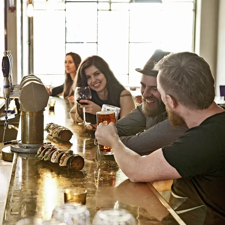 Freundesgruppe sitzt an einer messingfarbenen Theke in einer modernen Bar in Reykjavík; Gläser mit Bier und Wein, lockere Gespräche und warmes Licht – Atmosphäre eines isländischen Pubs ohne erkennbare Personenidentifikation.