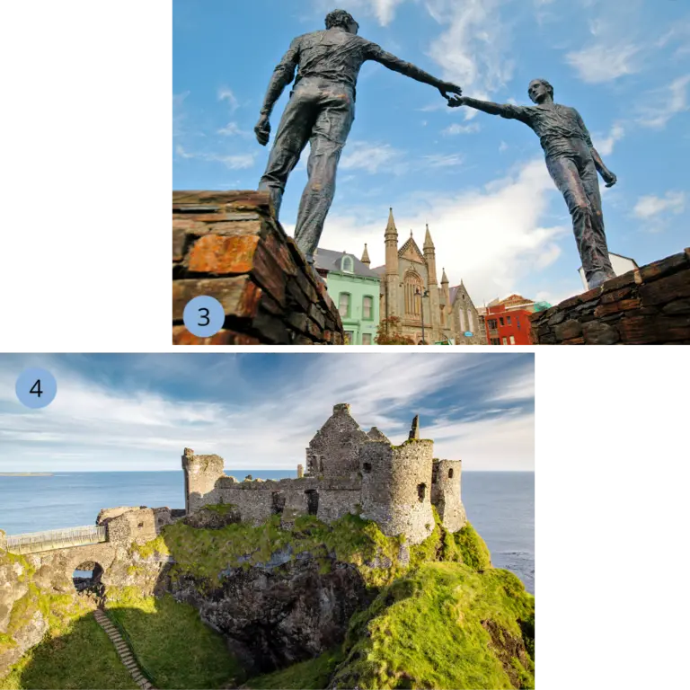 Die Collage zeigt die Hands Across the Divide Statue in Derry, die für Frieden und Versöhnung steht, sowie die Ruinen von Dunluce Castle, die spektakulär auf einem Felsen über dem Atlantik thronen. Die Bilder repräsentieren die besondere Kombination aus G Die Collage zeigt die Hands Across the Divide Statue in Derry, die für Frieden und Versöhnung steht, sowie die Ruinen von Dunluce Castle, die spektakulär auf einem Felsen über dem Atlantik thronen. Die Bilder repräsentieren die besondere Kombination aus Geschichte, Kultur und Burgromantik in Nordirland.