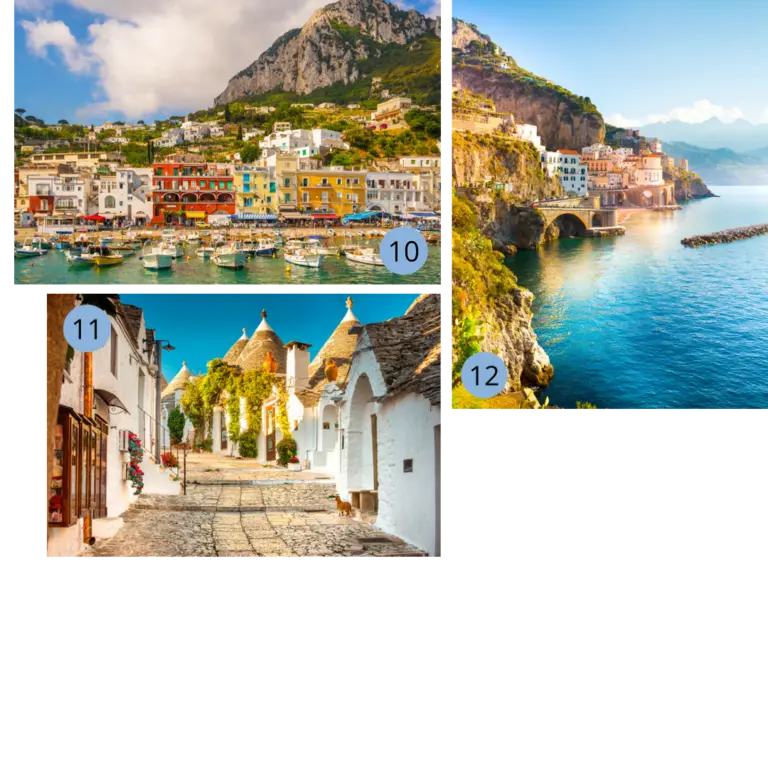 Collage mit Highlights aus Süditalien: Hafen von Capri mit bunten Häusern, die Trulli-Häuser in Alberobello in Apulien sowie die malerische Amalfiküste mit ihren bunten Gebäuden an den Klippen.