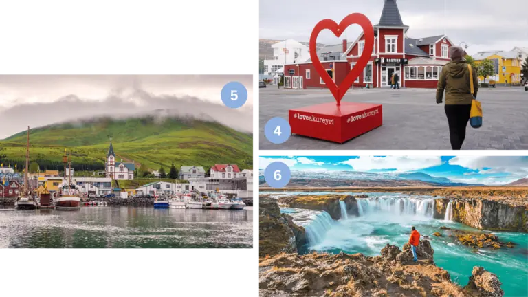 Zusammenstellung mehrerer Eindrücke aus Island: ein malerischer Küstenort mit bunten Häusern und Bergen im Hintergrund, ein bekanntes Wahrzeichen in einem kleinen Ort sowie eine Person vor einem mächtigen Wasserfall in einer zerklüfteten Vulkanlandschaft. Die Bilder zeigen die Vielfalt Islands aus Natur, Kultur und einzigartigen Landschaften.