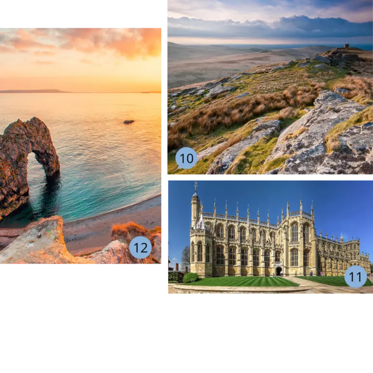 Collage mit drei Sehenswürdigkeiten in England: eine historische Steinbrücke über einem klaren Bach in Dartmoor, die spätgotische St.-George’s-Kapelle in Windsor mit filigraner Architektur sowie die spektakuläre Felsformation Durdle Door an der Jurassic Coast im Abendlicht.