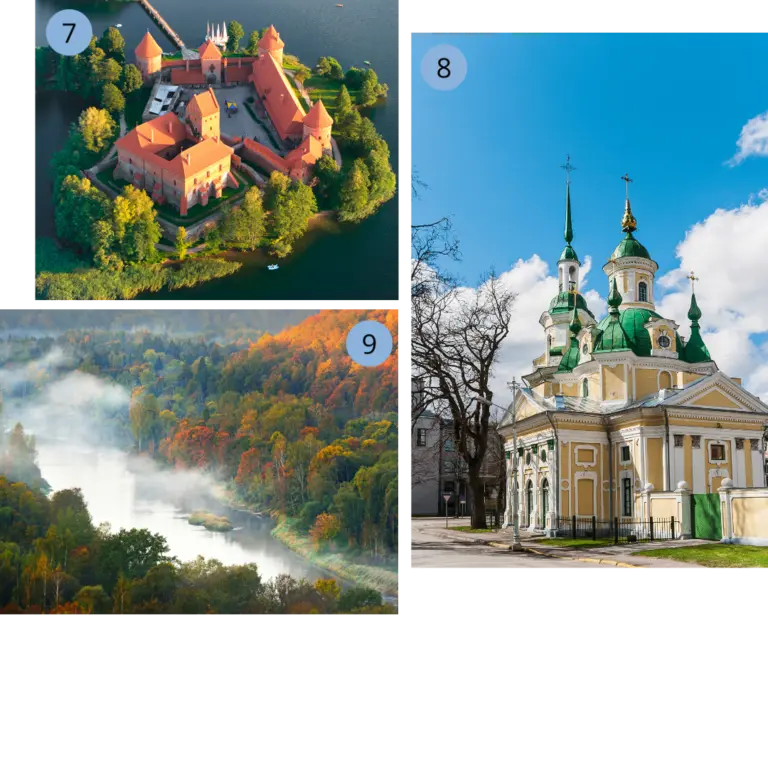 Unsere Lieblingsorte im Baltikum - Trakai, Pärnu, Gauja Nationalpark - Wolters Rundreisen Collage mit drei Motiven: Die Wasserburg Trakai als mittelalterliche Inselburg in Litauen, eine barocke Kirche mit grünen Zwiebeltürmen in Lettland sowie ein Blick auf den Gauja-Nationalpark mit dichtem Wald und Flusslauf im Morgennebel.