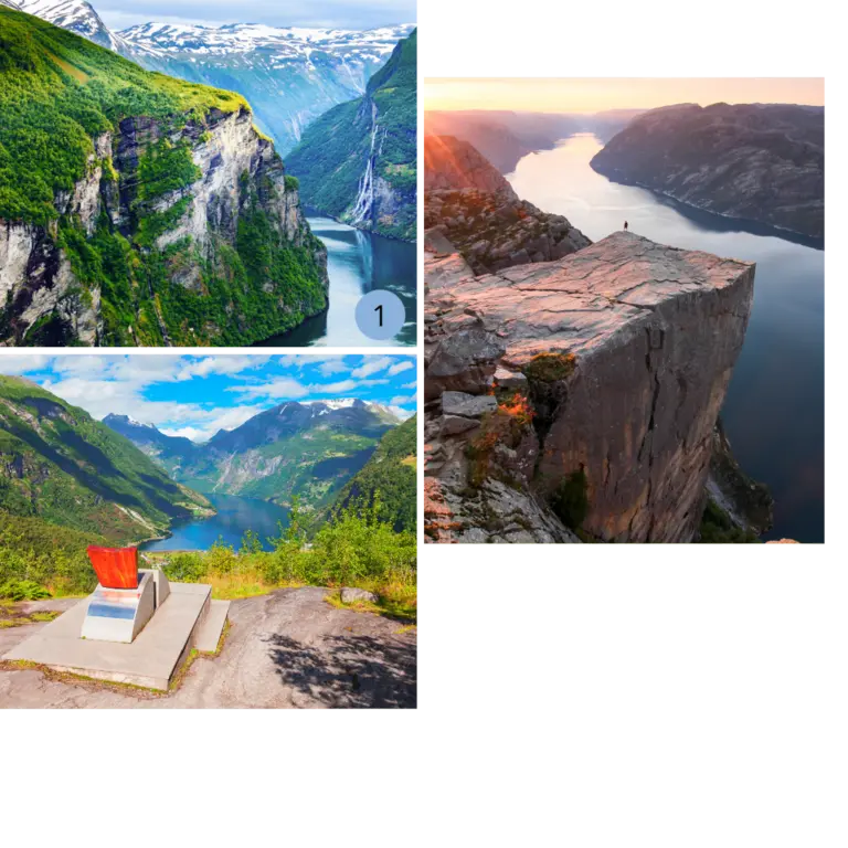Norwegens Naturwunder: Geirangerfjord, Flydalsjuvet und der majestätische Preikestolen Eine dreiteilige Collage zeigt die Highlights einer Reise nach Norwegen: Den Geirangerfjord mit seinen steilen Klippen und Wasserfällen, den weiten Panoramablick vom Aussichtspunkt Flydalsjuvet und den berühmten Preikestolen, der im goldenen Licht der Abendsonne hoch über dem Lysefjord thront – ein wahres Paradies für einen unvergesslichen Natur-Urlaub.