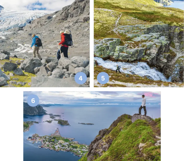 Norwegen Wanderungen - Wasserfälle, Inselblicke und Gletscherpfade Collage mit drei Wanderbildern: 1) Wanderer auf Gletscherweg mit Eisformationen. 2) Wanderer neben Bergbach und Felsen. 3) Blick auf Lofoten-Inseln von einer Anhöhe, Vielfältige Wanderrouten in Norwegens Natur.