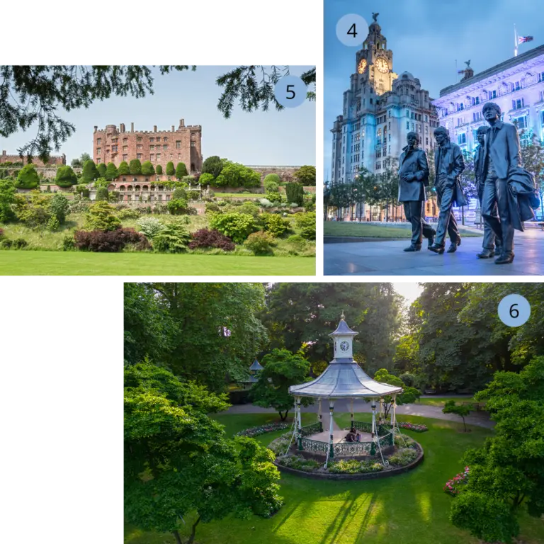 Unsere Lieblingsorte in Großbritannien - Liverpool, Wales, Swindon -Wolters Rundreisen Auf diesem Bild sind drei kleinere Bilder abgebildet. Das erste Bild zeigt die Statue der Beatles in Liverpool vor einem großem Gebäude mit bunten Lichtern. Das zweite Bild zeigt einen grinsender Mann auf einem Markt. In der Auswahl hat er verschiedene Wurstsorten. Auf dem dritten Bild sieht man einen Pavillon in Swindon umgeben von einem grünen Park und Bäumen.