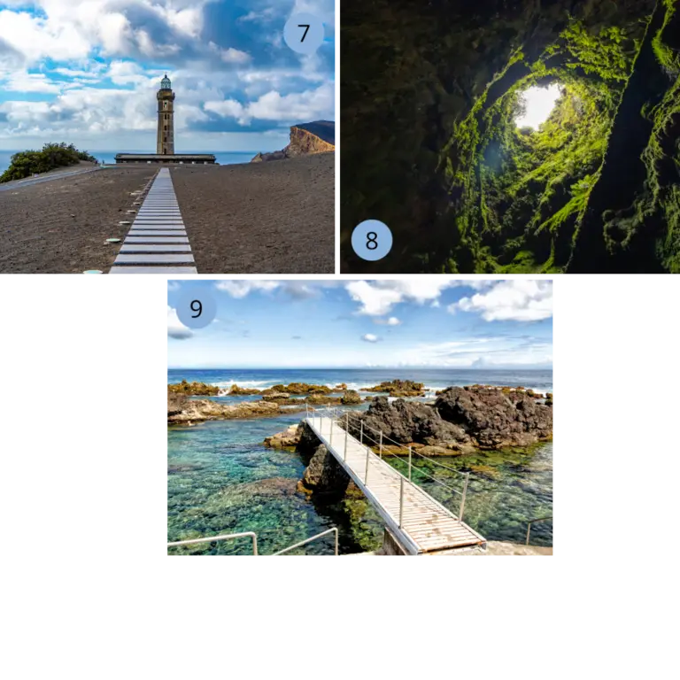 Naturerlebnisse auf den Azoren – Leuchtturm, Vulkanhöhle und Lavapools Vulkanische Landschaften auf den Azoren mit Leuchtturm an der Küste, einer moosbewachsenen Lavahöhle mit Lichteinfall von oben und natürlichen Lavapools am Atlantik. Die Bilder zeigen die raue Küstennatur, vulkanische Formationen und das Zusammenspiel von Meer, Fels und Licht.