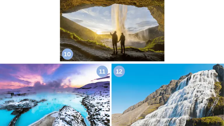 Die Bildkombination zeigt die faszinierende Vielfalt der isländischen Natur. Gewaltige Wasserfälle stürzen durch schroffe Felslandschaften, während Gletscher und Eisfelder in kühlen Blau- und Weißtönen die raue Seite Islands widerspiegeln. Umgeben von vulkanischen Bergen, weiten Ebenen und dramatischen Lichtstimmungen entsteht ein eindrucksvolles Gesamtbild einer einzigartigen Naturlandschaft. Die Motive stehen stellvertretend für Islands berühmte Naturwunder und machen die Insel zu einem beliebten Reiseziel für Naturliebhaber, Fotografen und Abenteurer, die ursprüngliche Landschaften und spektakuläre Ausblicke erleben möchten.