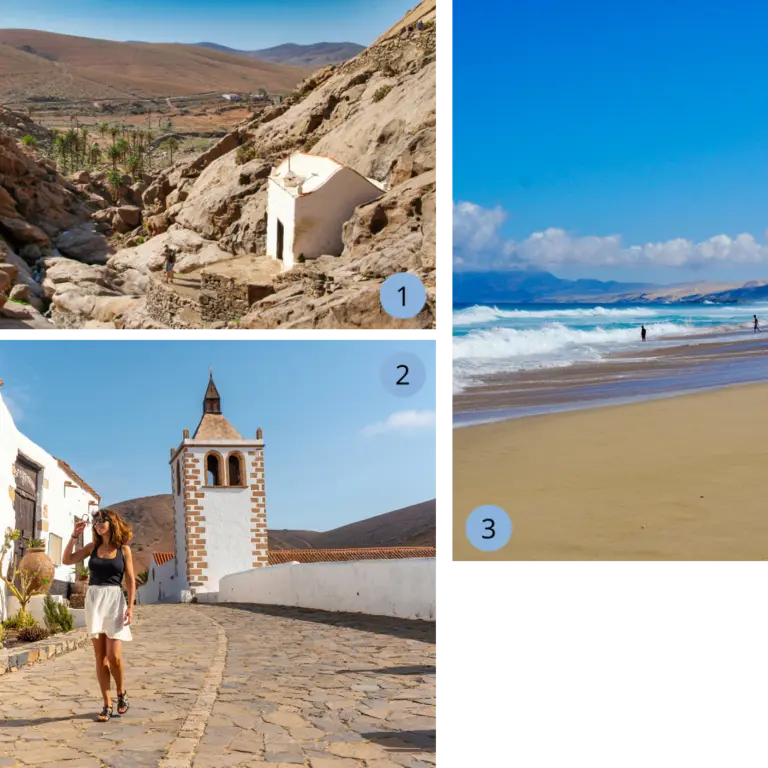 Die Collage zeigt typische Eindrücke von Fuerteventura auf den Kanarischen Inseln in Spanien mit einer kleinen Kapelle, die in eine raue Vulkanlandschaft gebaut ist (Barranco de Penitas Schlucht), einem traditionellen kanarischen Dorf mit weißer Kirche und einer Frau, die entspannt durch  die gepflasterten Straßen spaziert (Betancuria), sowie einem weiten Sandstrand mit kräftigen Wellen des Atlantiks (Cofete), die zusammen die besondere Mischung aus Natur, Kultur, Ruhe und Urlaubsgefühl widerspiegeln und Lust auf Reisen, Strandurlaub, Sehenswürdigkeiten und authentische Inselerlebnisse machen. 