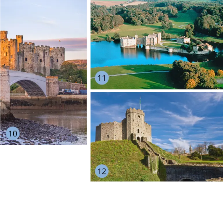 Drei eindrucksvolle Burgen in Großbritannien: das mächtige Conwy Castle in Wales mit seinen Türmen und einer Brücke über den Fluss, das romantische Leeds Castle in England auf einer kleinen Insel umgeben von Wasser sowie das historische Cardiff Castle in Wales mit zentralem Steinturm auf einer grünen Anhöhe.
