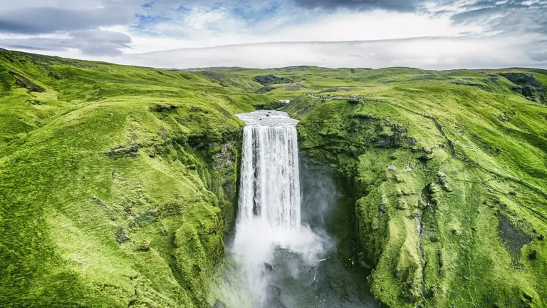 Frontalansicht des Skógafoss: ein breiter, weißer Wasservorhang stürzt von einer grasbewachsenen Klippe in ein Becken; umliegende Hänge sind sattgrün – klassisches Highlight an Islands Südküste.