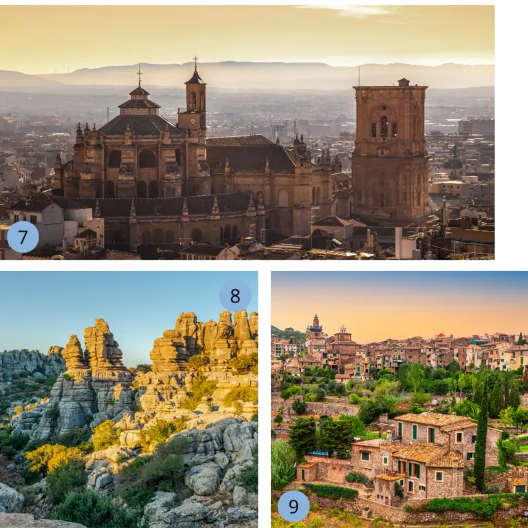 Spanien entdecken: Granada, die Felsen von El Torcal und das Bergdorf Valldemossa Eine dreiteilige Bildcollage präsentiert die Highlights einer Spanien-Reise: Die imposante Kathedrale von Granada über den Dächern der Stadt, die bizarren Kalksteinformationen im Naturpark Torcal de Antequera und das malerische, terrassenförmig angelegte Bergdorf Valldemossa auf Mallorca – eine perfekte Inspiration für einen Urlaub voller Kultur und beeindruckender Natur.