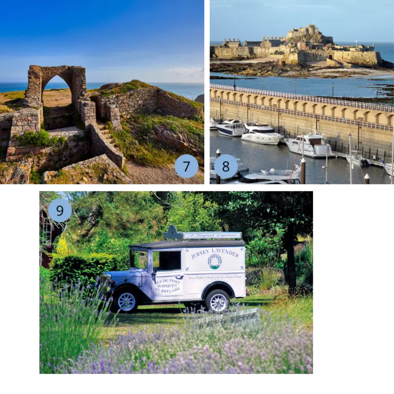 Collage mit drei Eindrücken von Jersey: Historische Steinruinen und ein alter Torbogen erzählen von der langen Geschichte der Insel. Die mächtige Festung Elizabeth Castle ragt auf einer vorgelagerten Felseninsel aus dem Meer und ist nur bei Ebbe zu Fuß erreichbar. Ein Lavendelfeld mit einem nostalgischen Jersey-Lavender-Wagen zeigt die blühende Natur und traditionelle Landwirtschaft.