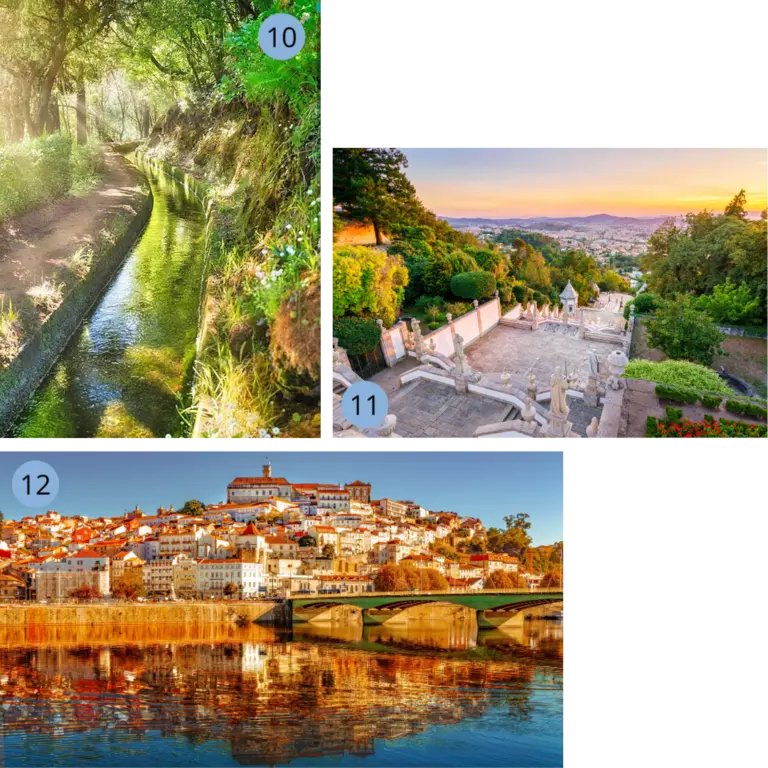  Auf diesem Bild sind drei kleinere Bilder zu erkennen. Auf dem ersten Bild erkennt man die Levada dos Marocos, ein Wanderweg im Tal von Machico auf Madeira. Er verläuft unter Bäumen entlang der Bewässerungskanäle. Auf dem zweiten Bild sieht man eine der ältesten Städte Portugals, Braga. Das dritte Bild zeigt Coimbra, eine portugiesische Stadt am Fluss Mondego. Das Bild zeigt den Blick auf die Stadt vom Fluss aus. 