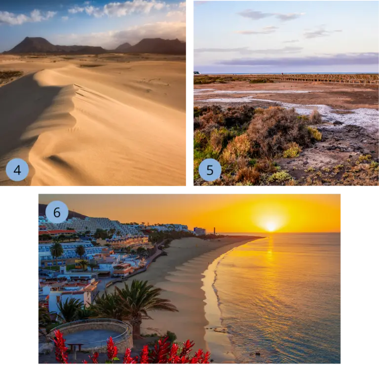 Die Collage zeigt die landschaftliche Vielfalt von Fuerteventura auf den kanarischen Inseln in Spanien mit weit geschwungenen Sanddünen in einer ruhigen Wüstenlandschaft (Corralejo), einem markanten Leuchtturm inmitten einer kargen Küstenregion (Jandía) und einem idyllischen Küstenort (Morro Jable) mit Palmen und Strand, der im warmen Licht des Sonnenuntergangs am Atlantik liegt und die besondere Atmosphäre von Urlaub, Naturerlebnis, Entschleunigung und Reisen zwischen Meer, Wind und vulkanischer Inselstruktur einfängt.