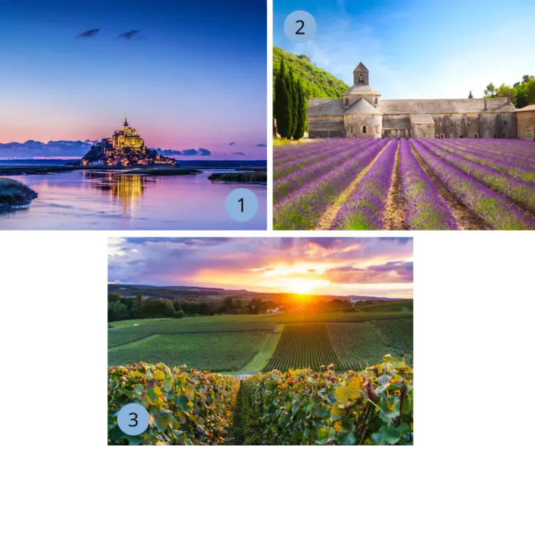  Collage mit Impressionen aus Frankreich: das Kloster Mont-Saint-Michel in der Normandie bei Sonnenuntergang, ein violett blühendes Lavendelfeld mit romanischer Abtei in der Provence sowie sonnenbeschienene Weinberge in Bordeaux.