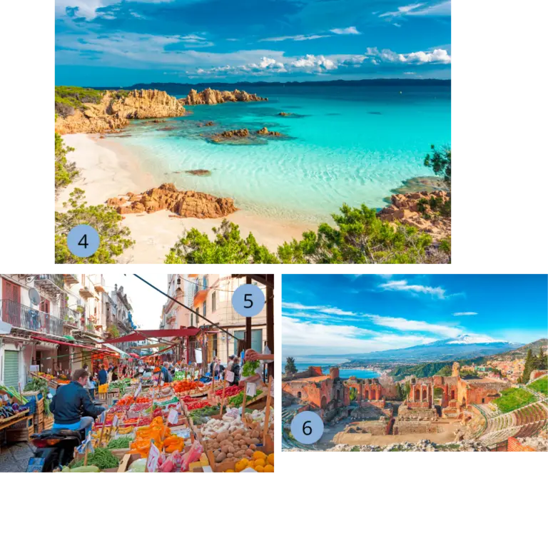 Collage mit typischen Erlebnissen in Italien: Karibikähnlicher Strand auf Sardinien, bunter Markt mit frischem Obst und Gemüse in Sizilien sowie das antike Theater von Taormina mit Blick auf den Ätna.