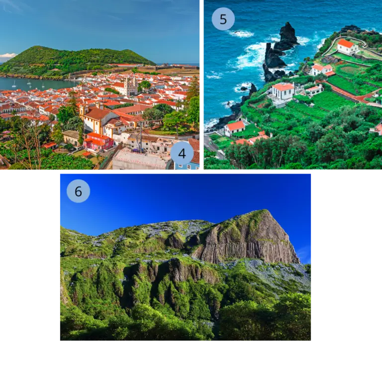 Unsere Lieblingsorte auf den Azoren - Angar de Heroismo, Fajas, Rochas dos Bordoes - Wolters Rundreisen Die Bilder zeigen verschiedene Natur- und Kulturschätze der Azoren: die UNESCO-Stadt Angra do Heroísmo auf Terceira mit roten Dächern und Hafenblick; die grünen Fajãs auf São Jorge, eine Küstenlandschaft mit Feldern, weißen Häusern und dem Atlantik im Hintergrund; sowie die beeindruckenden Basaltsäulen Rochas dos Bordões auf Flores, die sich steil und mächtig aus der grünen Landschaft erheben.