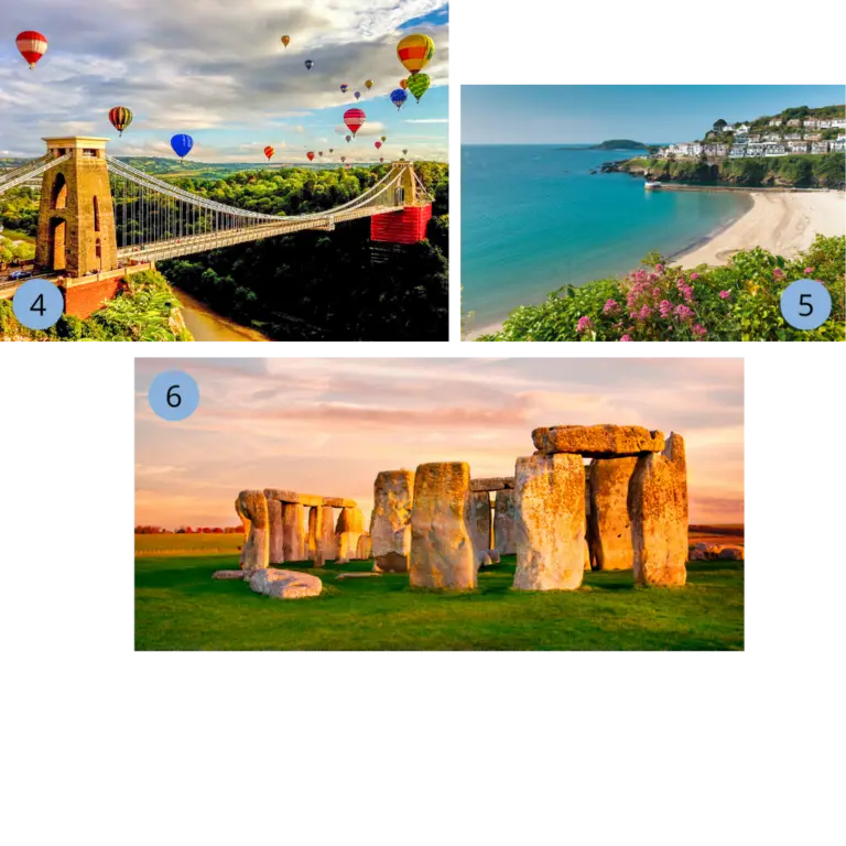 Collage mit drei Facetten Englands: Bristol mit der Clifton Suspension Bridge und bunten Heißluftballons, die Küste von Cornwall mit Sandstrand und Blumen im Vordergrund sowie das prähistorische Stonehenge im Abendlicht.