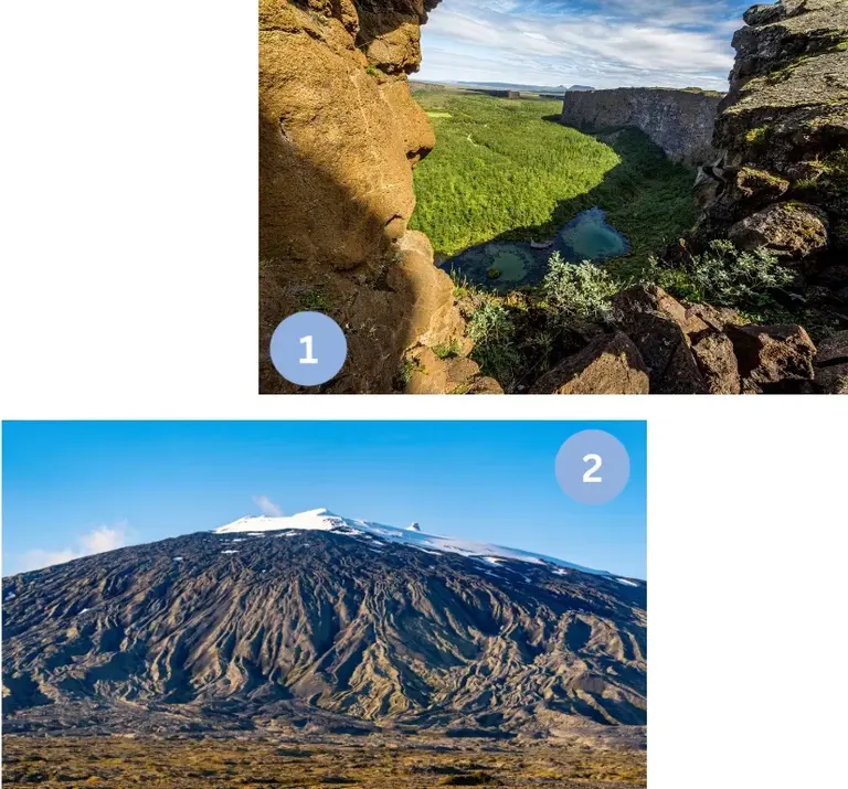 Auf dem Bild sind zwei kleinere Bilder. Das erste zeigt die Ásbyrgi-Schlucht mit der Felskante im Vordergrund, darunter die grüne Senke von Ásbyrgi mit Teichen und dichtem Birkenwald; im Hintergrund Basaltwände und ein weiter Horizont. Auf dem zweiten Bild sieht man im Weitwinkel das stratovulkanisch Massiv des Snaefellsjökull, dunkle Lavafelder und Rillenstrukturen ziehen sich hangabwärts unter klarem Himmel.