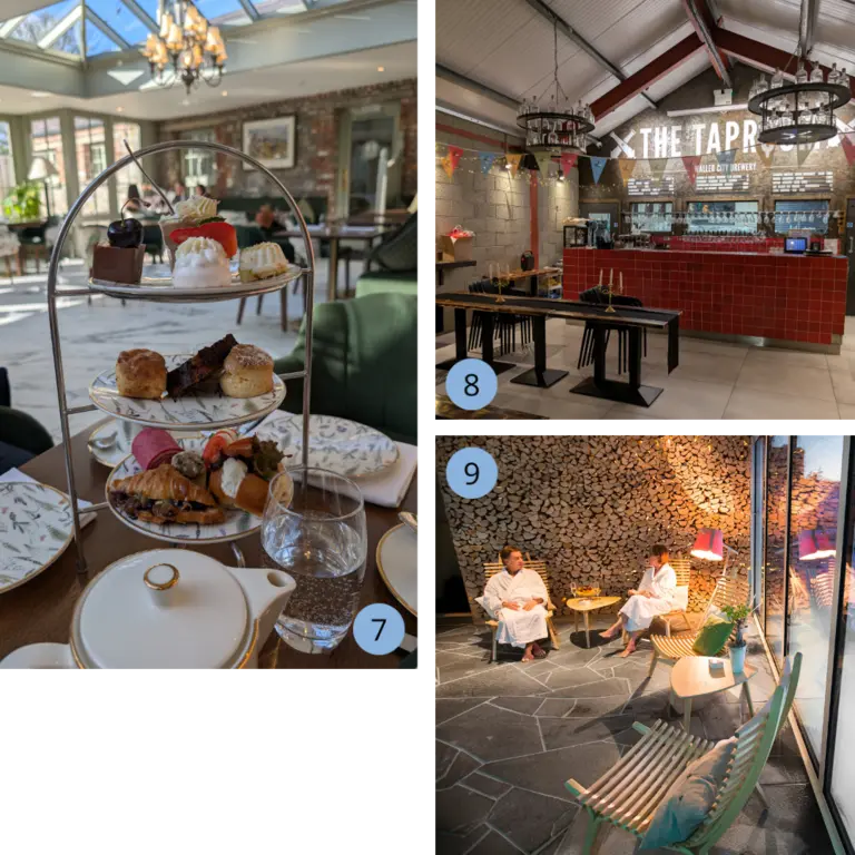 Collage mit Afternoon Tea, einer lokalen Brauerei und einem Wellness-Erlebnis – kulinarische und entspannende Highlights für Genießer in Irland.