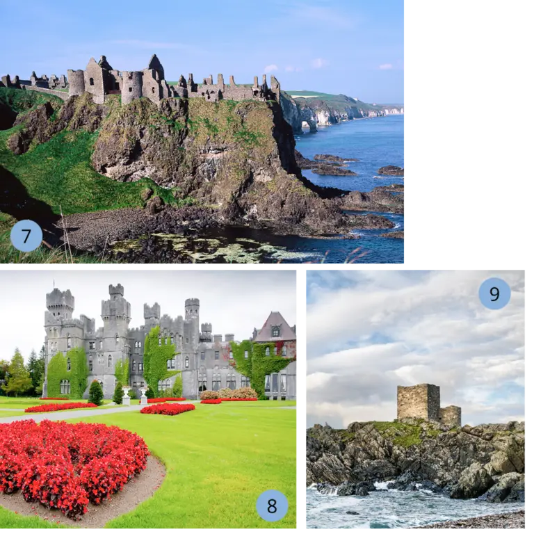 Collage mit Dunluce Castle an der Antrim-Küste, Ashford Castle in Mayo und Carrickfergus Castle in Nordirland – berühmte Burgen und Schlösser auf der grünen Insel.