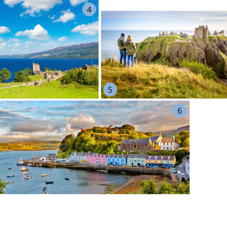 Schottische Burgen und Küstenorte - Loch Ness, Dunnottar Castle und Portree Collage mit drei Bildern: 1) Burgruine von Urquhart Castle am Loch Ness, 2) Besucher vor Dunnottar Castle auf einer Klippe über dem Meer, 3) Hafen von Portree mit bunten Häusern auf der Isle of Skye.
