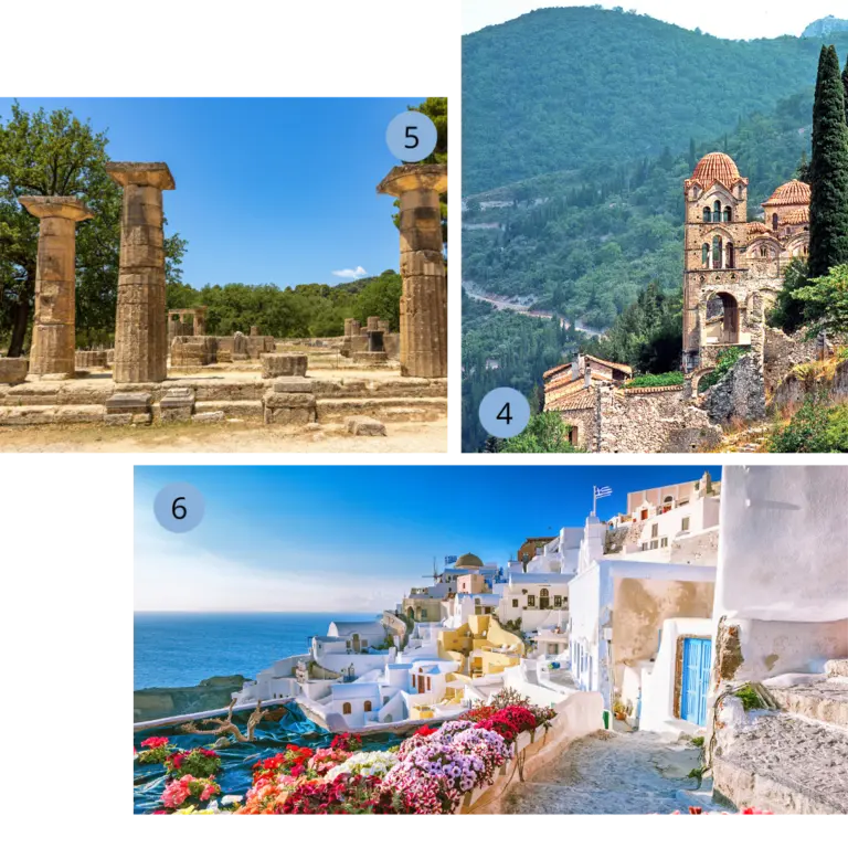 Auf dem Bild sind 3 kleinere Bilder zu erkennen: Eine byzantinische Kirche in Mystras, Griechenland, mit roten Kuppeln, kunstvoller Fassade und eingebettet in bewaldete Hügel. Ein weiteres Bild zeigt die antiken Ruinen von Olympia mit dorischen Steinsäulen, die von grünen Bäumen und blühenden Pflanzen umgeben sind. Das dritte Bild zeigt die Kykladeninsel Santorini mit ihren weißen Häusern, blauen Türen und farbenfrohen Blumen im Vordergrund, die sich malerisch an den Hang über der Ägäis schmiegen.