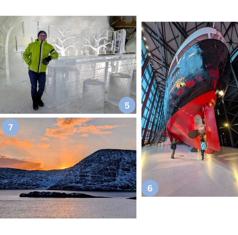 Collage mit Eindrücken der letzten Reisetage in Norwegen: Besuch im eisigen Snowhotel von Kirkenes mit glitzernden Eisskulpturen, das imposante Hurtigruten-Museum mit einem historischen Schiffsrumpf und ein stimmungsvoller Sonnenuntergang über verschneiten Küstenbergen auf der Rückfahrt gen Süden.