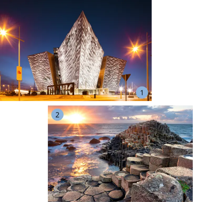 Sehenswürdigkeiten in Nordirland - Titanic Museum und Giant's Causeway Die Collage zeigt zwei Wahrzeichen von Nordirland: das moderne Titanic Belfast Museum mit seiner markanten Architektur bei Nacht sowie den Giant's Causeway, ein UNESCO-Welterbe mit einzigartigen Basaltsäulen an Küste. Beide Motive stehen für die Mischung aus Kultur, Geschichte und Naturwundern.