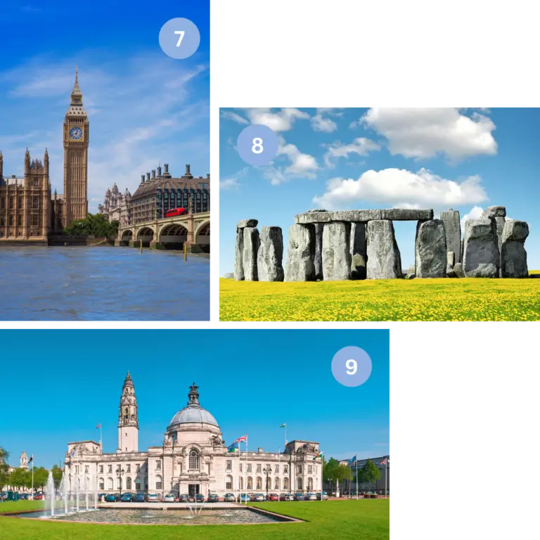 Auf dem Bild sind drei kleinere Bilder zu sehen. Das erste zeigt den Big Ben, einen großen Glockenturm in London. Rechts führt eine Brücke über die Themse zu ihm hin. Das zweite Bild zeigt den prähistorischen Steinkreis Stonehenge bei blauem Himmel mit einigen Wolken und einer grünen Wiese. Das dritte Bild zeigt das Rathaus der Stadt. Vor dem imposanten weißen Gebäude gibt es Wasserfontänen und ein Wasserbecken, das zur Zierde dient. Das Gebäude hat eine weiße Kuppel.