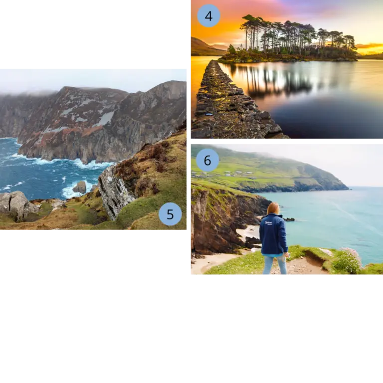  Collage mit der Region Connemara, den imposanten Cliffs of Slieve League und der Dingle-Halbinsel – eindrucksvolle Küsten- und Naturkulissen im Westen Irlands.