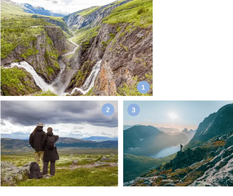 Norwegens Naturwunder - Wasserfälle, Fjorde und Bergwanderungen Collage mit drei Bildern: 1) tiefe Schlucht mit Wasserfall, 2) Wanderer blickt auf sonnenbeschienenes Tal mit Fjord, 3) Paar genießt Aussicht über weite Hochebene. Darstellung der Vielfalt norwegischer Natur.