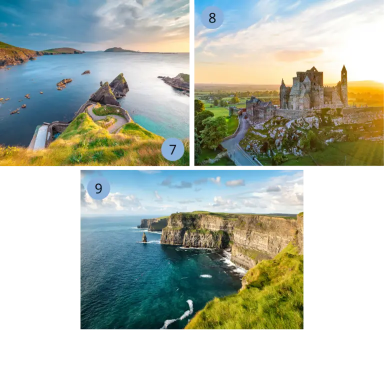 Collage mit dem Ring of Kerry, dem mittelalterlichen Rock of Cashel und den berühmten Cliffs of Moher – faszinierende Mischung aus Geschichte und Natur in Irland.