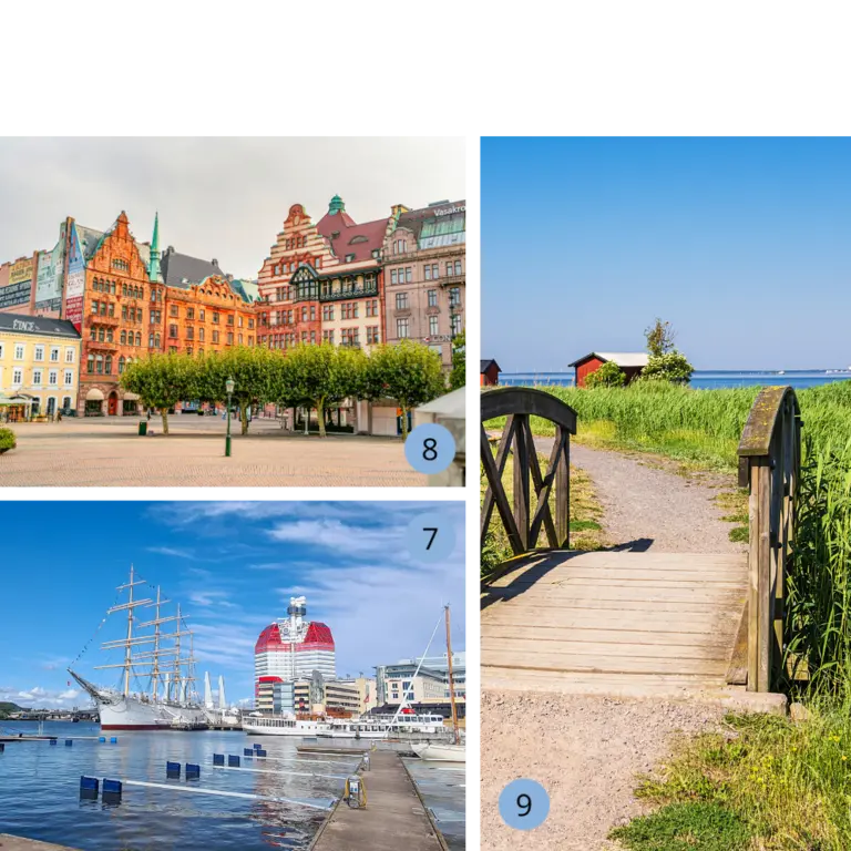 Städtezauber in Schweden – Göteborg, Malmö und Windmühlenidylle Collage mit dem Hafen von Göteborg, bunten Altstadthäusern in Malmö und einer alten Windmühle auf einem blühenden Feld - zeigt Kultur, Geschichte und Landschaft Südschwedens.