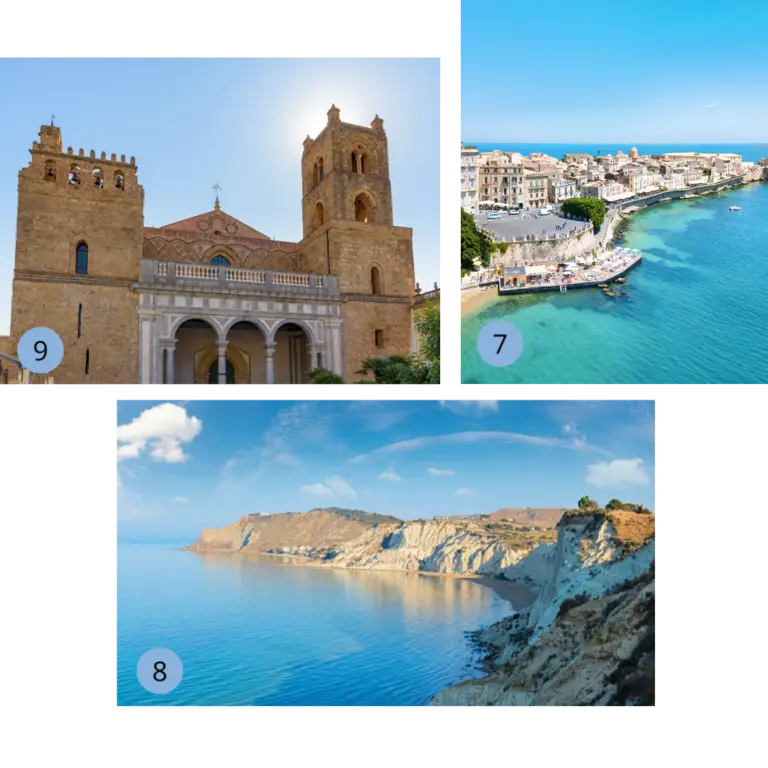 Unsere Lieblingsorte auf Sizilien - Syrakus, Agrigent, Kathedrale Santa Maria Nuova - Wolters Rundreisen Collage mit der Altstadt von Syrakus, der weißen Felsküste Scala dei Turchi und dem Dom von Monreale – faszinierende Sehenswürdigkeiten Siziliens.