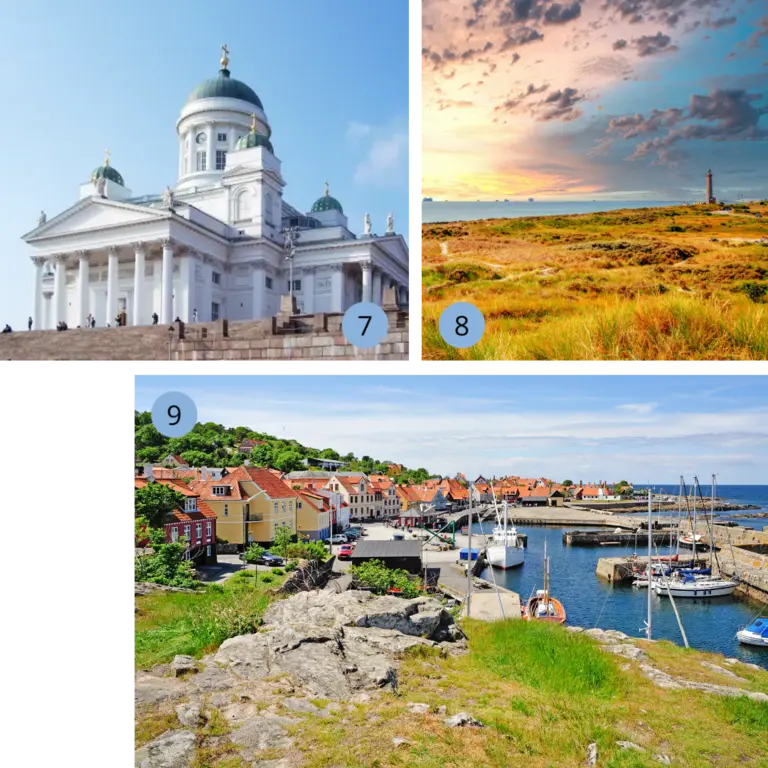 Eine dreiteilige Collage präsentiert die Vielfalt Nordeuropas: Den beeindruckenden weißen Dom von Helsinki in Finnland, eine weite Dünenlandschaft mit Leuchtturm in Dänemark unter einem dramatischen Abendhimmel und den malerischen Hafen von Gudhjem auf der Insel Bornholm mit seinen charakteristischen bunten Häusern – eine wunderbare Inspiration für eine Reise oder einen Sommerurlaub in Skandinavien.