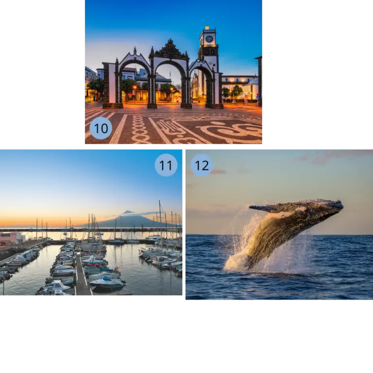 Azoren-Abenteuer: Stadtkultur, malerische Häfen und faszinierende Walbeobachtung Eine Collage zeigt die Vielfalt der Azoren: Die beleuchteten Stadttore „Portas da Cidade“ in Ponta Delgada bei Nacht, einen idyllischen Yachthafen mit dem majestätischen Vulkan Pico im Hintergrund bei Sonnenuntergang und einen gewaltigen Buckelwal, der bei einer Walbeobachtung aus dem Atlantik springt – ein unvergessliches Natur-Abenteuer für jede Reise und jeden Urlaub.