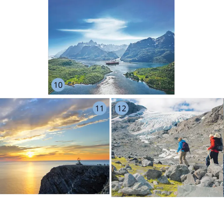 Abenteuer Norwegen: Fjord-Kreuzfahrt, Sonnenuntergang am Nordkapp und Gletscher-Wanderung Eine dreiteilige Collage präsentiert die Highlights Norwegens: Ein Postschiff manövriert durch den engen, majestätischen Trollfjord, der berühmte Globus am Nordkapp steht im goldenen Licht eines Mitternachtssonnen-Untergangs und zwei Wanderer erklimmen einen steinigen Pfad mit Blick auf eine beeindruckende Gletscherzunge – ein unvergessliches Erlebnis für jeden Natur-Urlaub.