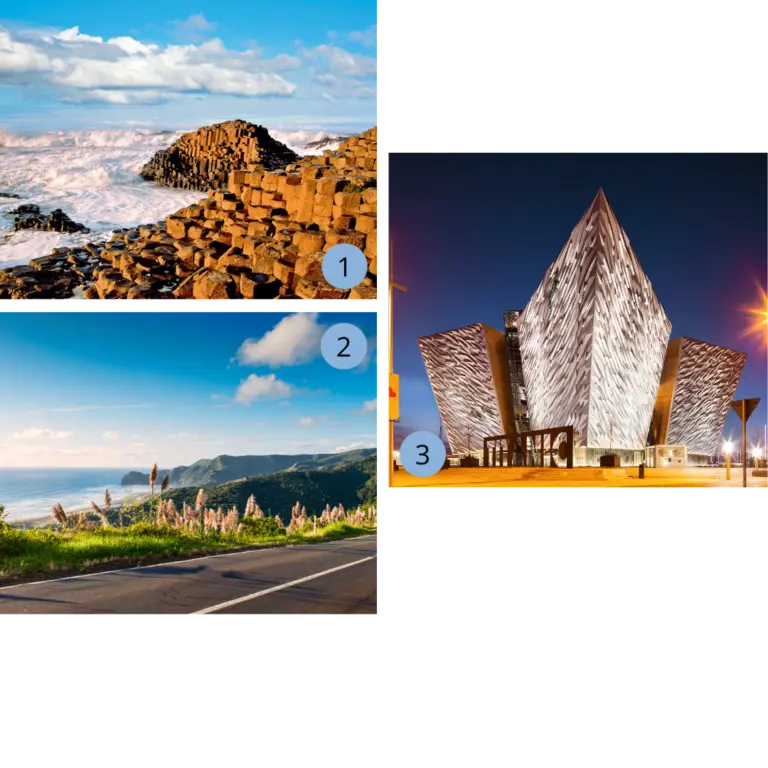 Collage mit dem UNESCO-Weltnaturerbe Giant’s Causeway, der malerischen Causeway Coastal Route und dem modernen Titanic Museum in Belfast – Top-Highlights in Nordirland.