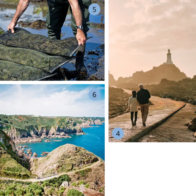Collage mit drei Szenen von Jersey: Ein Paar spaziert bei Sonnenuntergang zum Corbière Lighthouse, einem der bekanntesten Wahrzeichen der Insel. Ein Austernzüchter hält eine Kiste mit frisch geernteten Austern vor den Reihen der Gezeitenbecken. Dazu die dramatische Steilküste Jerseys mit grünen Hügeln und Felsformationen, die ins blaue Meer abfallen.