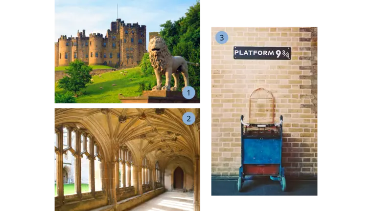 Schöne Filmkulissen in England erleben - Alnwick Castle, Bahnhof King's Cross, Lacock Village Auf dem Bild sind drei kleinere zu erkennen. Das erste Bild zeigt das ockerfarbende Alnwick Castle mit einer Löwenstatue davor. Das Schloss diente als Kulisse für Hogwarts™ aus Harry Potter. Die Statue ist im Vordergrund und zwischen ihr und dem Schloss liegt eine grüne Wiese. Das zweite Bild zeigt das Gleis 9 3/4 aus demselben Film. Der Kofferwagen steckt bereits in der Wand drinnen. Das dritte Bild zeigt das Lacock Village. Es ist ein Gang einer Abtei zu sehen, der Bögen hat und mit Ornamenten geziert ist.