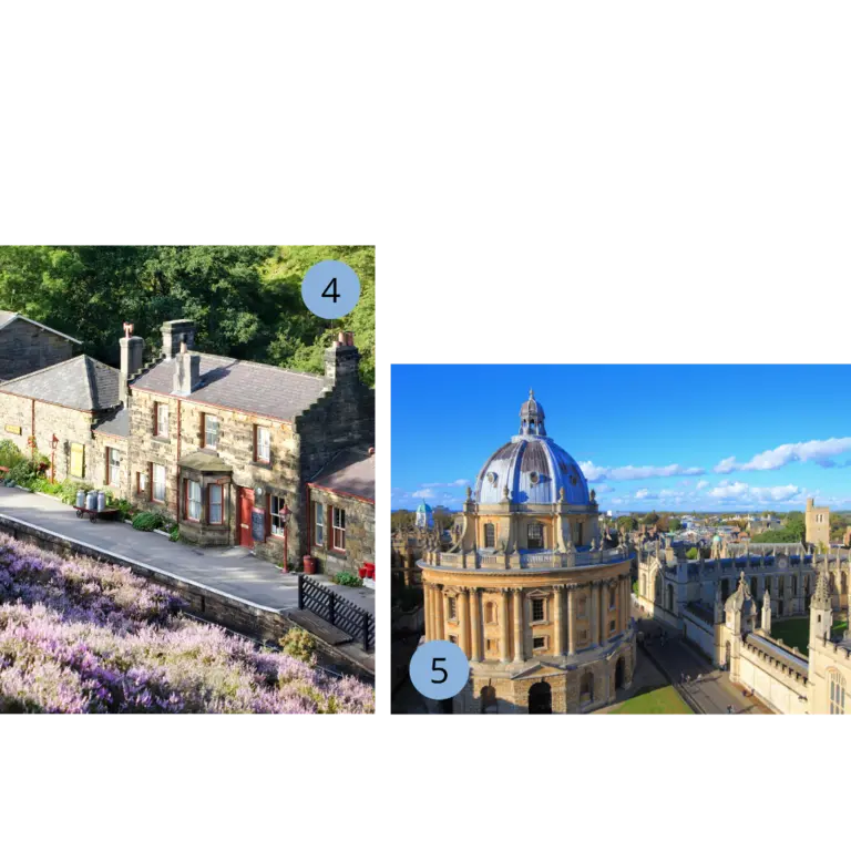 Schöne Drehorte in England - Goathland Station und Oxford University Das Bild zeigt zwei kleinere Bilder. Das eine Bild zeigt den Bahnhof Goathland Station was auch als Hogsmeade Station aus den Harry Potter Filmen bekannt ist. Vorm Gleis blühen lila Blumen und das Gebäude hat einen typisch englischen Charme. Die Fensterrahmen und Türen sind rot. Das zweite Bild zeigt die Oxford University. Zu Sehen ist ein historisches Gebäude mit einer Kuppel und recht daneben ist ebenfalls ein altes Gebäude das aussieht wie eine Festung mit Türmen. Ein echtes Highlight für Maxton Hall und Harry Potter Fans