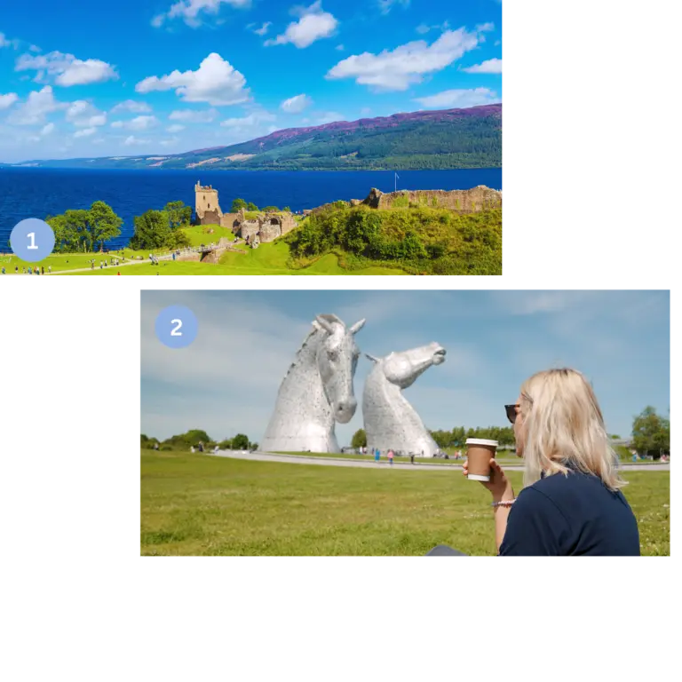 Collage mit zwei Bildern 1) Eine sonnige Panoramaansicht eines Sees mit Burgruinen in grüner Hügellandschaft. 2) Frau sitz auf einer Wiese vor den Kelpies bei strahlendem Wetter.