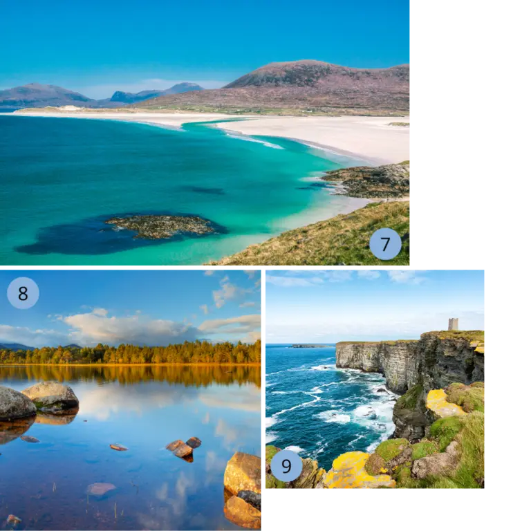 Unsere Lieblingsorte in Schottland - Isle of Lewis & Harris, Cairngorms Nationalpark, Orkney & Shetland Inseln - Wolters Rundreisen Collage mit drei Bildern: 1) weißer Sandstrand auf der Isle of Harris, 2) Panoramastraße durch die Moorlandschaft von Lewis, 3) Ausgrabungsstätte Skara Brae auf den Orkney-Inseln mit grasbewachsenen Ruinen.